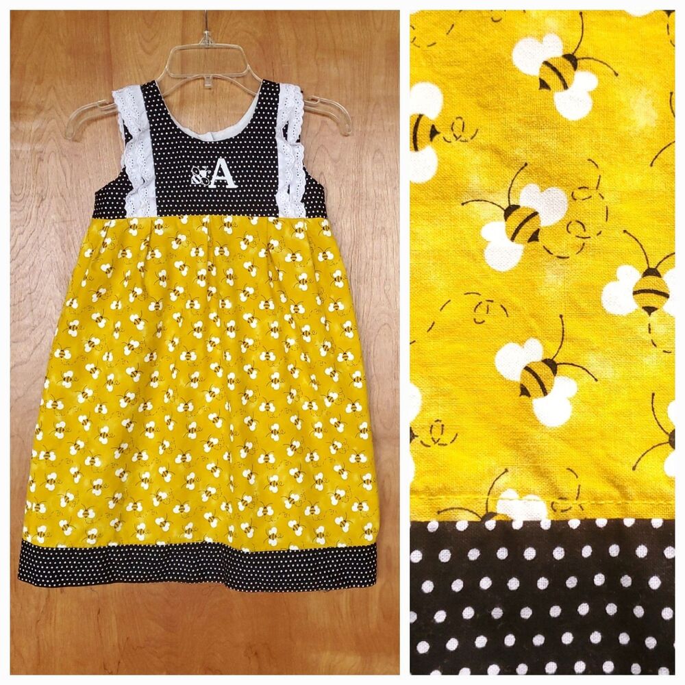 Bumblebee Dress Girls 4T Letter A Handmade Yellow Black Sundress Lace Trim